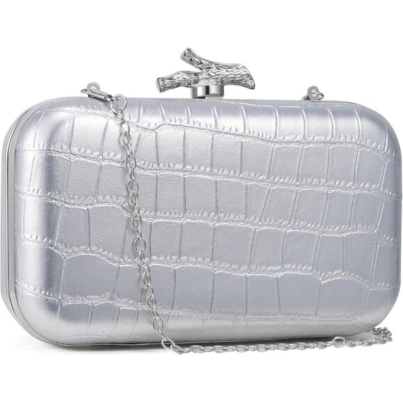 Women's Silver Crocodile Leather Formal Evening Shoulder Clutch Chain Strap Bag - Picture 2 of 6